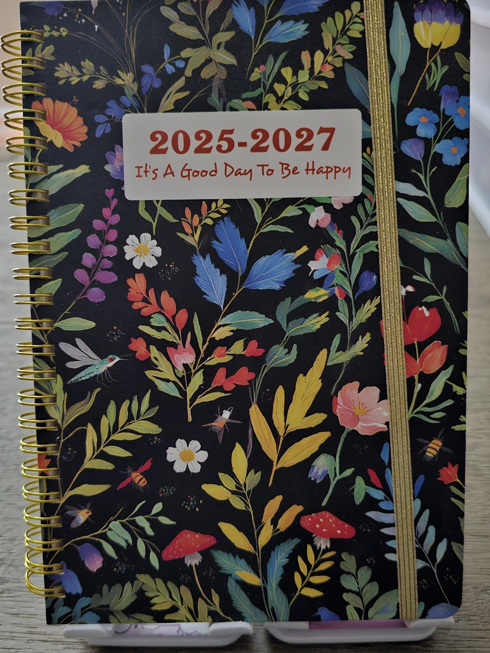 2025-2027 Floral Spiral Planner - Black with Multicolor Floral Print